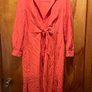 Coral Button-Up Dress with Tie Waist